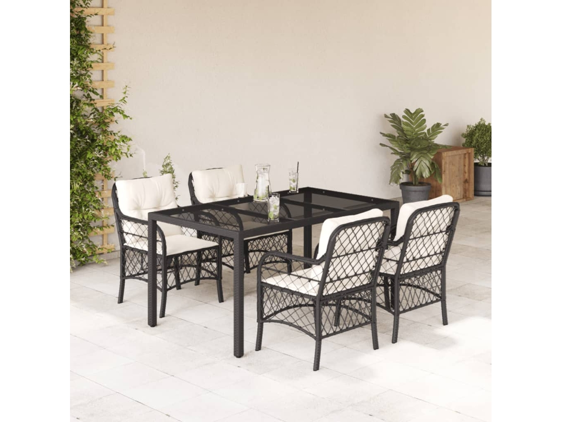 Vidaxl 5 Pcs Conjunto De Jantar P/ Jardim C/ Almofadões Vime Pe Preto