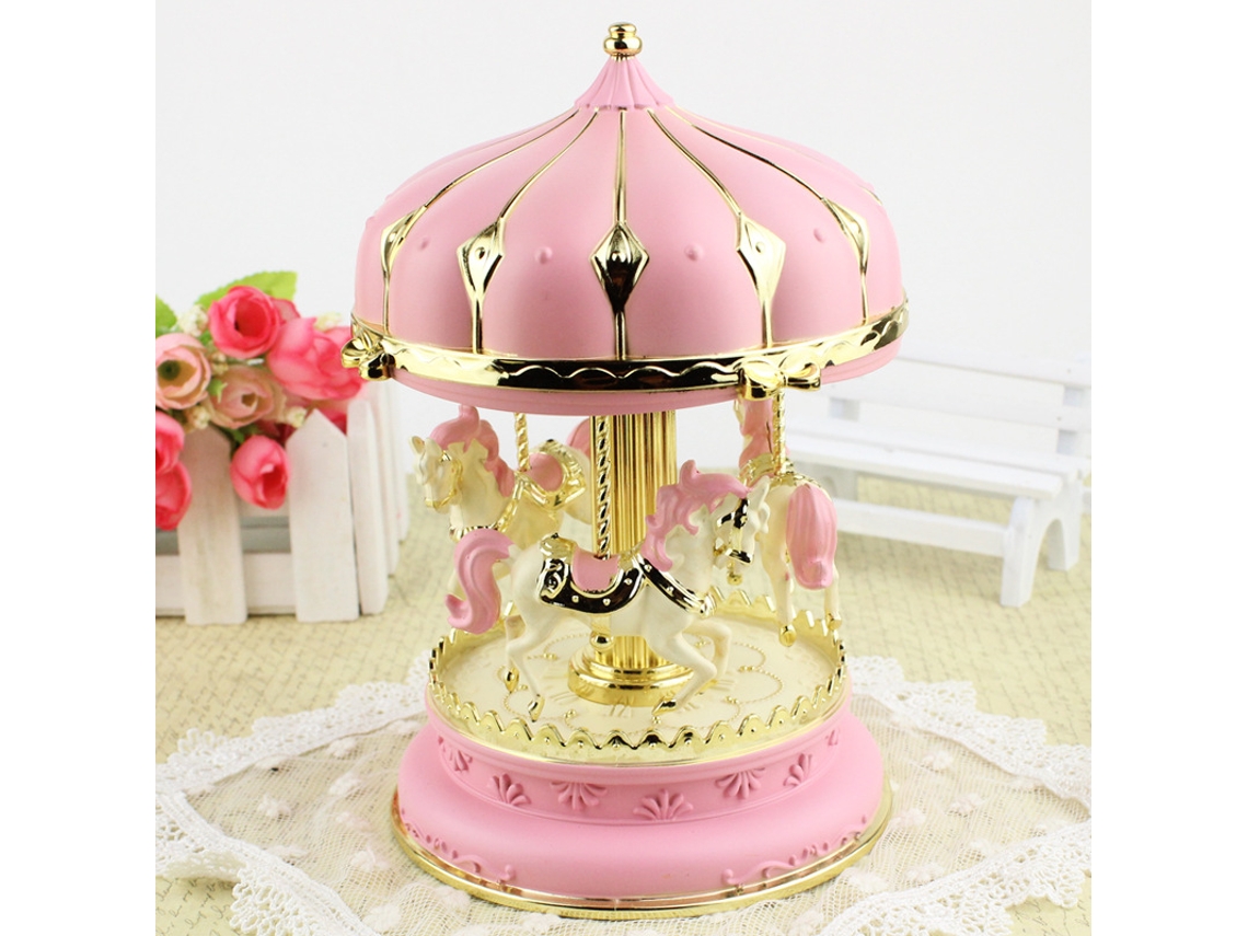 Caixa de Música Carrossel Romântica Rosa 12x12x18,5 cm AQUAFORGE
