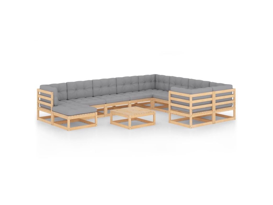 Vidaxl 11 Pcs Conjunto Lounge De Jardim C/ Almofadões Pinho Maciço