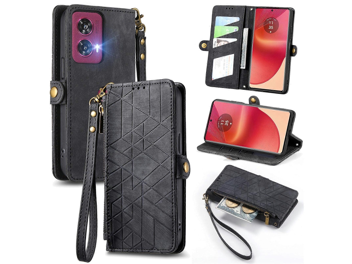 Compre Capa De Couro Com Zíper E Linhas Geométricas Para Motorola Edge 50 Fusion 5g Com Alça Preta