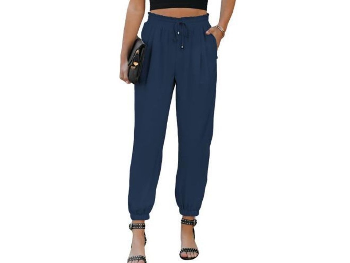 2026 pantalones Lino Mujer Casual Sueltos Con Cuerda Elástica Cintura Alta Y Bolsillos Cómodos XXL Azul