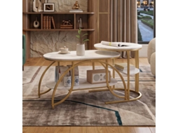 Lazyspace Mesa De Centro Efeito Mármore 80x46x51 Cm Com Estrutura De Metal Dourado E Arrumação Dupla - Branco E Dourado