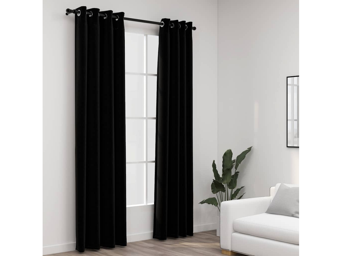 Vidaxl Cortinas Opacas Aspeto Linho C/ Ilhós 2 Pcs 140x225 Cm Preto