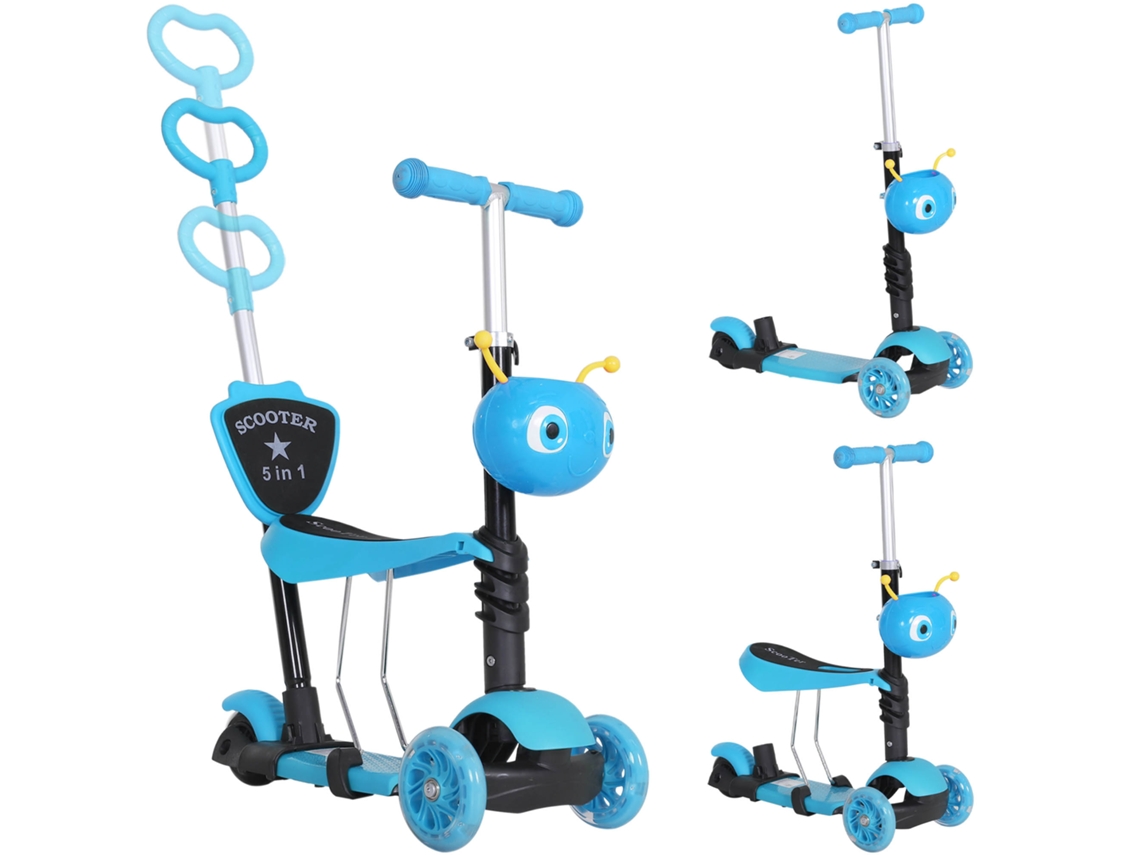 Patinete 5 Em 1, 3 Rodas, Guidão Ajustável, 60kg, Barra Empurrar Telescópica, Assento/encosto Removíveis, Azul