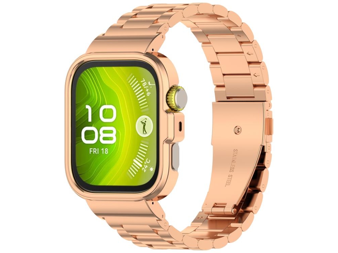 Bracelete para Huawei Watch Fit 4 Aço Inoxidável com Fivela Integrada de Três Contas Dourado Rosa XIAOMOYU