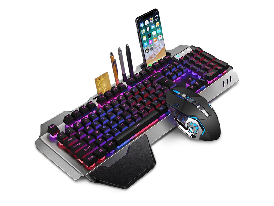 MEOIRUERY Teclado E Mouse De Jogos Sem Fio Com Iluminação Led Rainbow, Bateria Recarregável, Painel Metálico, Mecânico, Ergonômico, Impermeável E Antipoeira, Mo