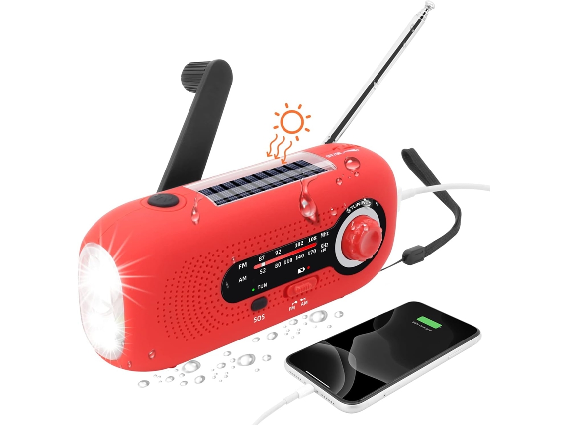 Rádio Solar com Dínamo, Alarme Sos, IPX3, AM/FM, Lanterna, Bateria 2000mah AQUAFORGE