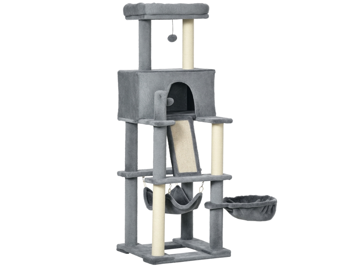 Árvore para Gatos com Postes de Sisal, Casinha, Cama e Redes, 48x48x140cm, Cinza ESSÊNCIACASA