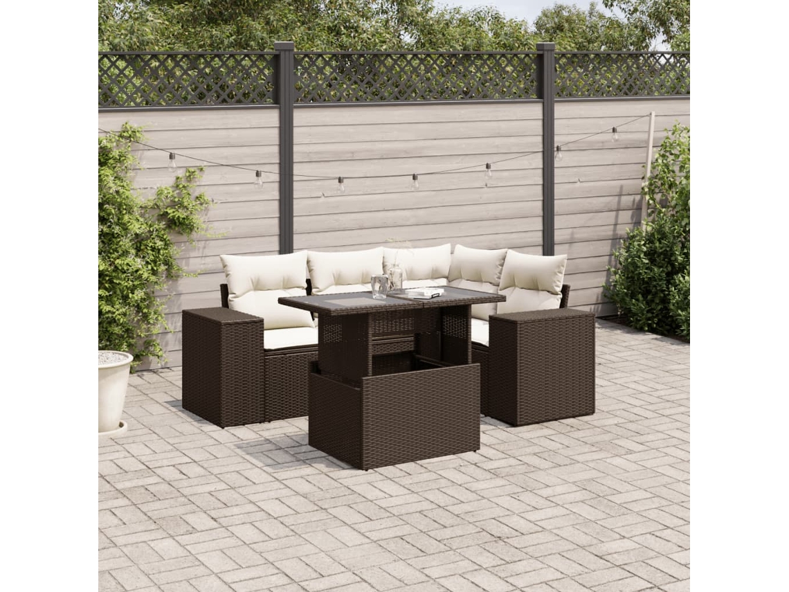 Jogo 5 Peças Sofás P/ Jardim C/ Almofadões Vime Pe Marrom Dkd Home Decor