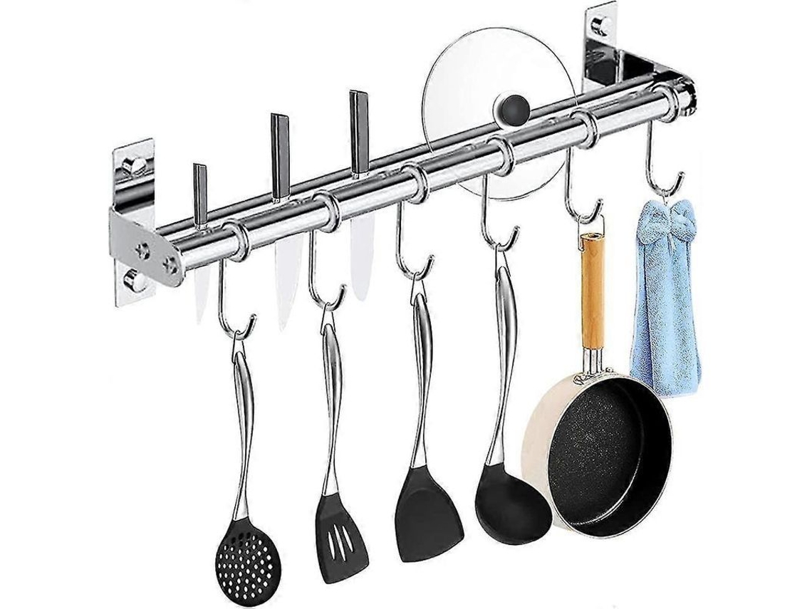 Rack De Utensílios De Parede Em Aço Inox 304 Com 6 Ganchos Rotativos E Ajustáveis - 40cm, Capacidade 20kg