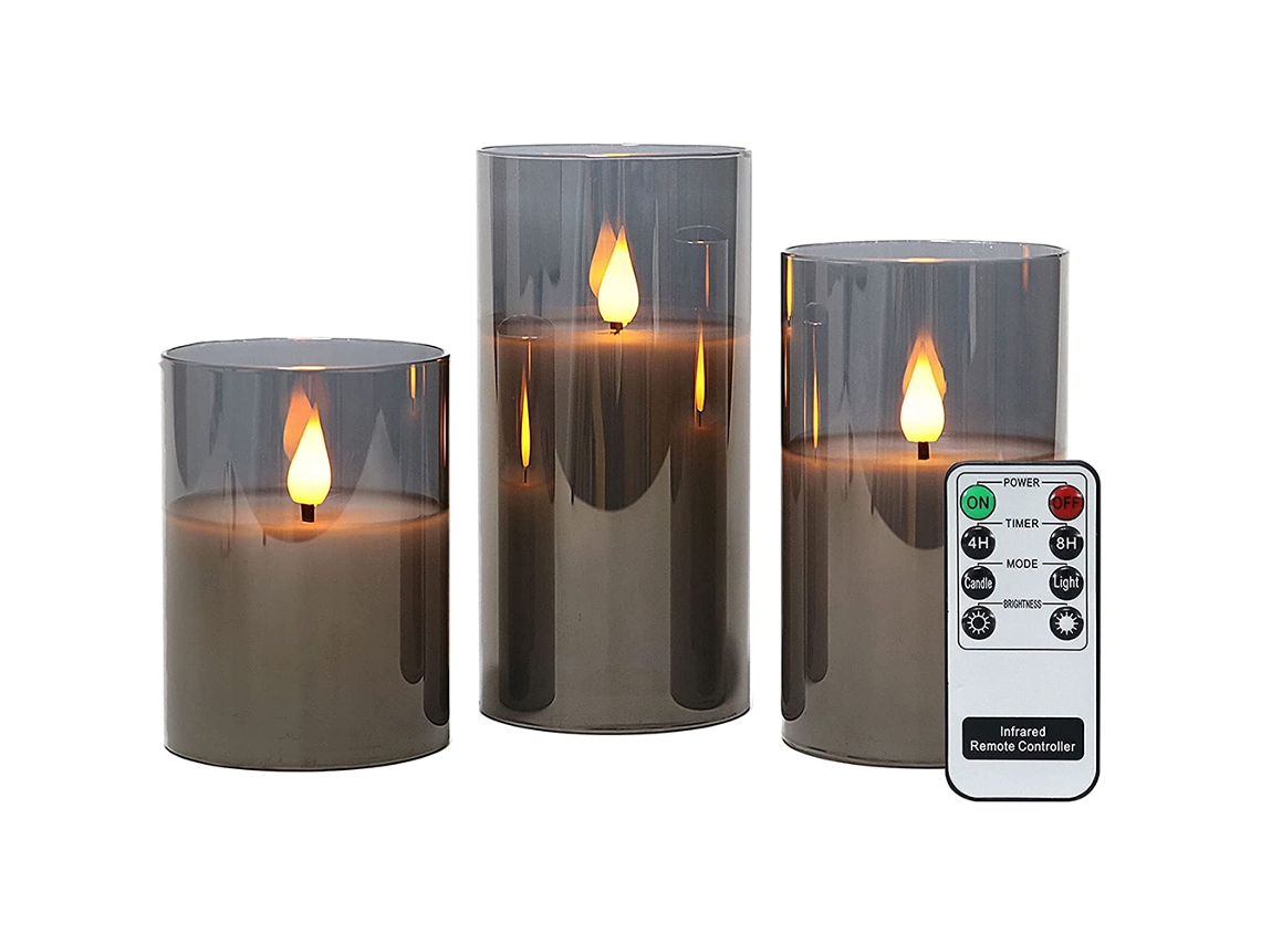 KOFIHETY Velas Sem Chama Cinzentas Em Vidro, 3 Lanternas Com Controlo Remoto E Função Temporizador, Luz Branca Quente Com Pilhas Incluídas