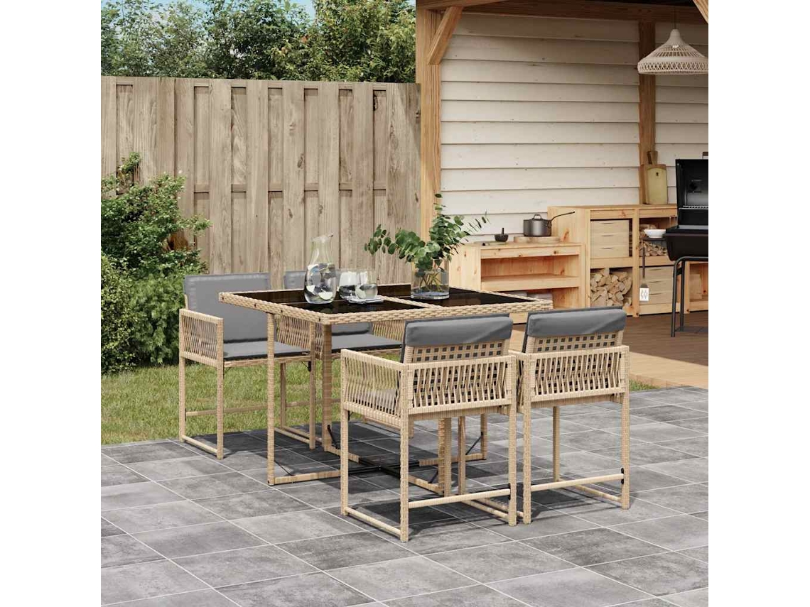 Vidaxl 5pcs Conj. Jantar Jardim C/ Almofadões Vime Pe Bege Misturado