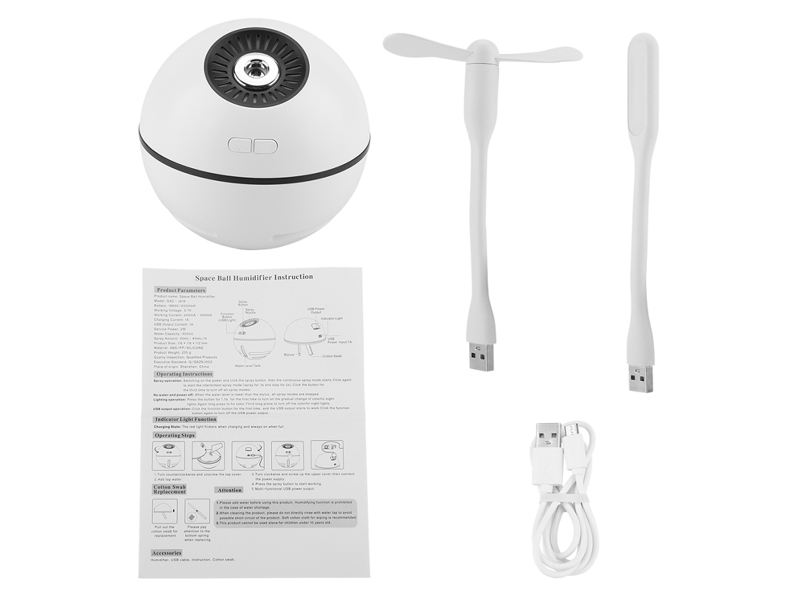Umidificador Laxiscreed Space Ball 4 Em 1, Branco, USB, 300ml, Função Ventilador e Compacto
