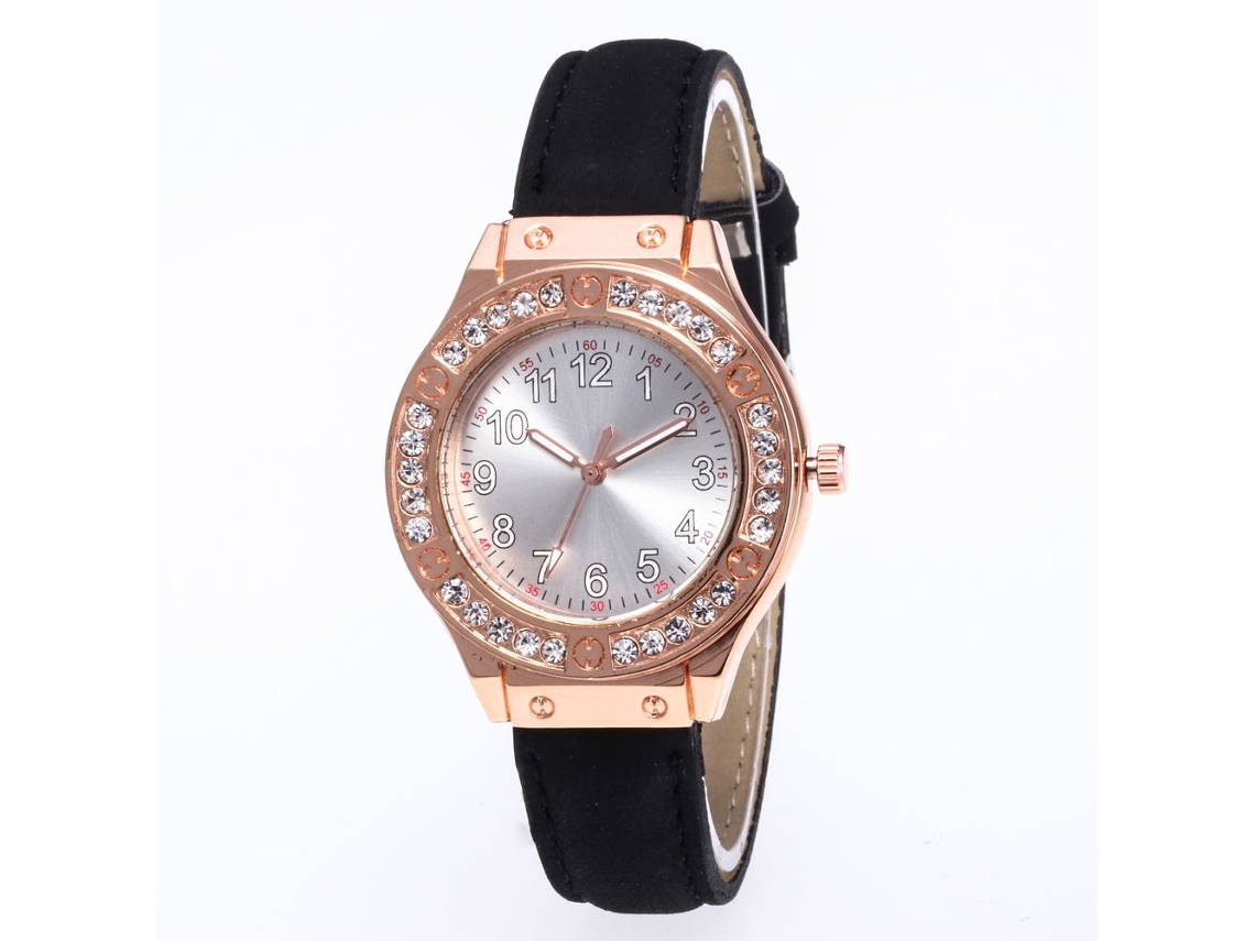 Relógio feminino de quartzo com pulseira de couro sintético e strass, mostrador redondo preto.