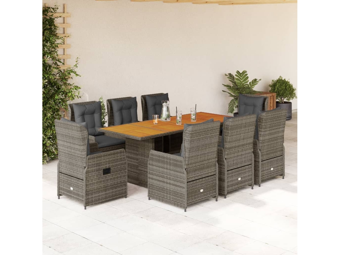 9 Pcs Conjunto De Jantar P/ Jardim C/ Almofadões Vime Pe Cinza Dkd Home Decor