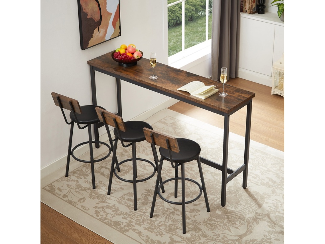 Mesa Bar Comprida 3 Banquetas Pu Industrial Marrom Preto VELTRIX