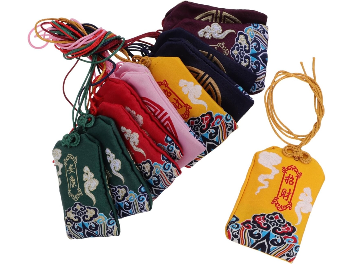 Saquinho para amuletos chineses de pendurar, 12 peças, 6 cores sortidas, para bênçãos de saúde, fortuna e riqueza.