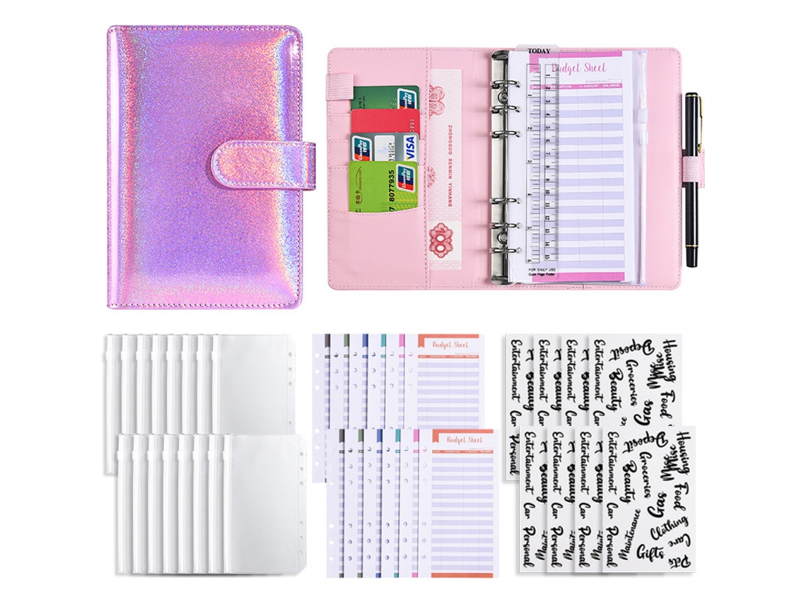A6 Rainbow Holographic Macaron Pu Leather Cash Budget Binder Standard Gift Set Pink Includes 12-budget Cards, 8-zipper