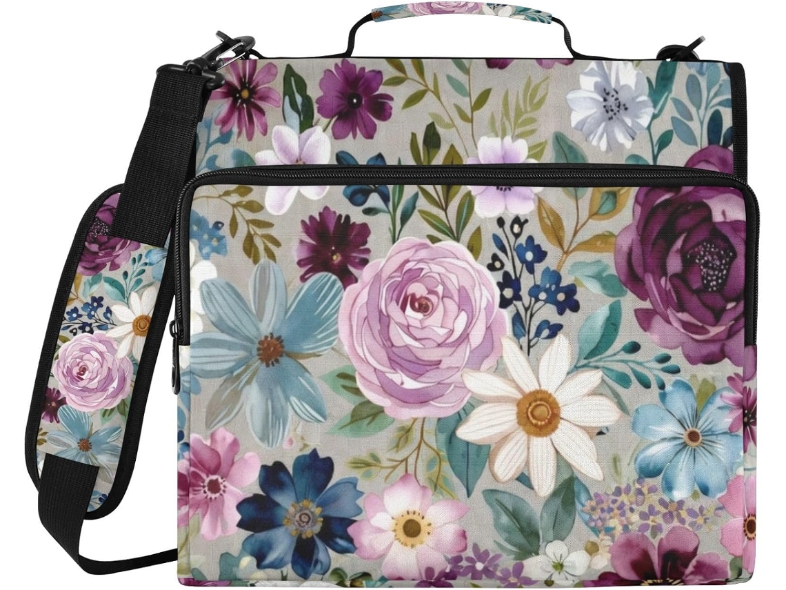 Pasta organizadora com 3 argolas de 8 cm de altura, estampa floral Roxa Boêmia, para diversas bolsas e estojo para laptop.