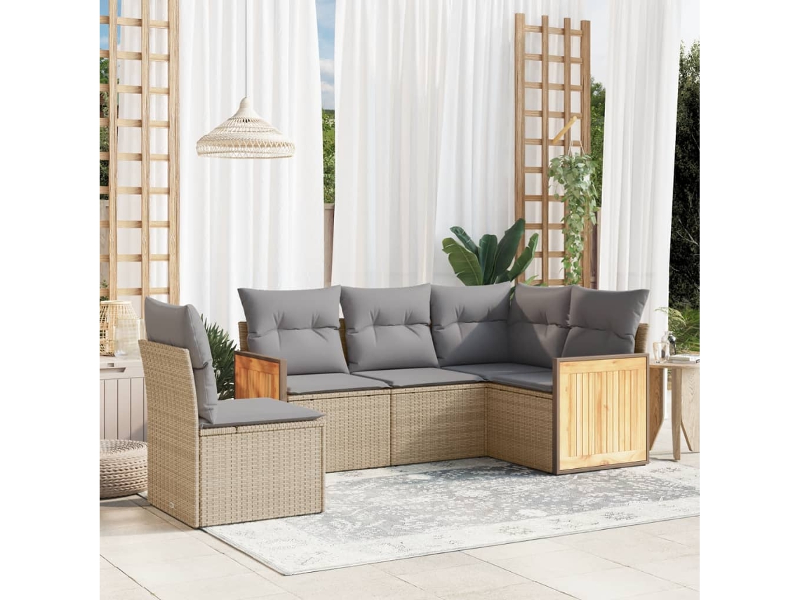 5 Pcs Conjunto De Sofás P/ Jardim Com Almofadões Vime Pe Bege Dkd Home Decor