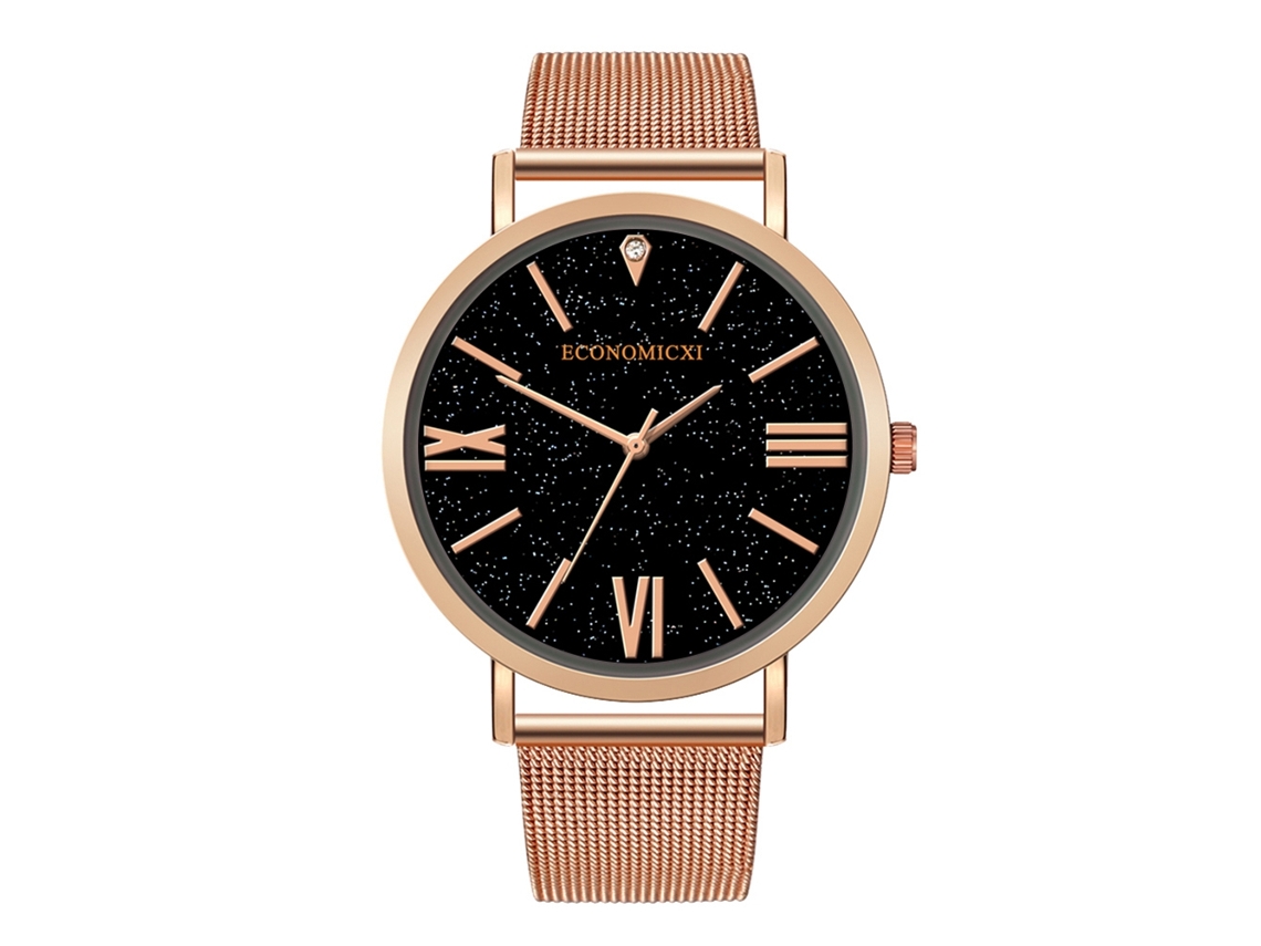 Relógio de pulso masculino casual com pulseira de liga metálica, mostrador redondo, numerais romanos, cor ouro rosa.