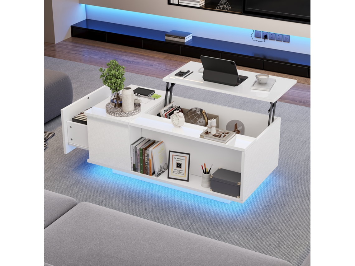 Mesa De Centro 100x50x40cm, Altura Ajustável Com Gaveta, Led E Compartimento Oculto.