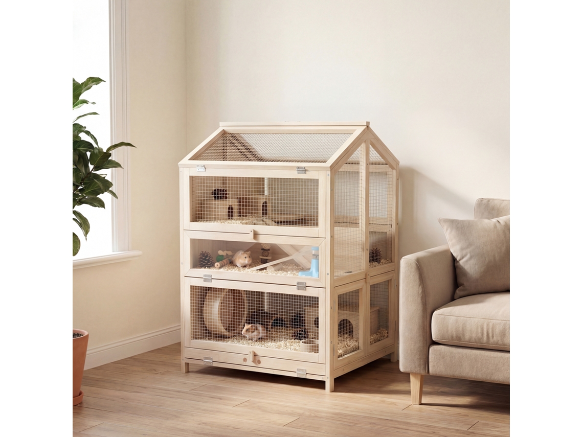 Gaiola Para Hamster De Madeira Natural Com 3 Níveis, 68x61,5x90cm, Incluindo Cabanas, Gangorras, Rampas E Tigelas