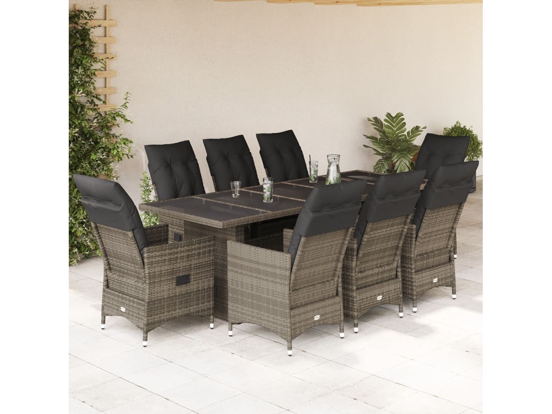 Vidaxl 9 Pcs Conjunto Bistrô De Jardim C/ Almofadões Vime Pe Cinzento