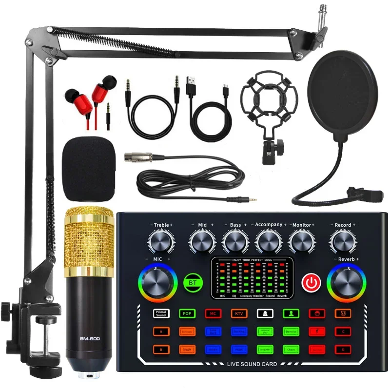 Kit com Microfone BM800 e placa de som F009 compatível com PCs MDUG
