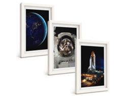 Composição De Quadros Espaço, Terra, Astronauta E Foguete Moldura Branca Imagens Para Um Quarto Infantil Espelharte (3 Peças 20x30 Cm)