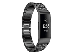 Lurelia Pulseira De Aço Inoxidável Sólido Com Diamantes Incrustados, Compatível Fitbit Charge 3, Preto, Acabamento Moderno