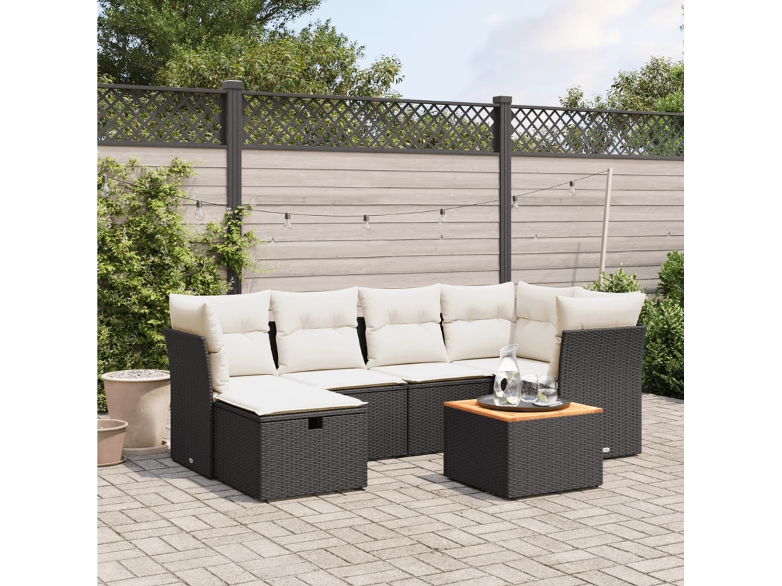 Vidaxl 7 Pcs Conjunto De Sofás P/ Jardim C/ Almofadões Vime Pe Preto