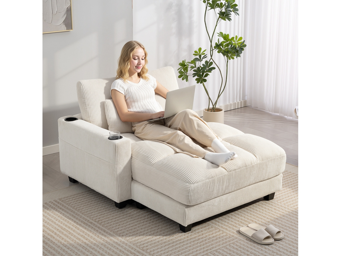 Sofá‑cama Conversível Em Espuma Com Travesseiros E Porta‑copos, Branco Creme