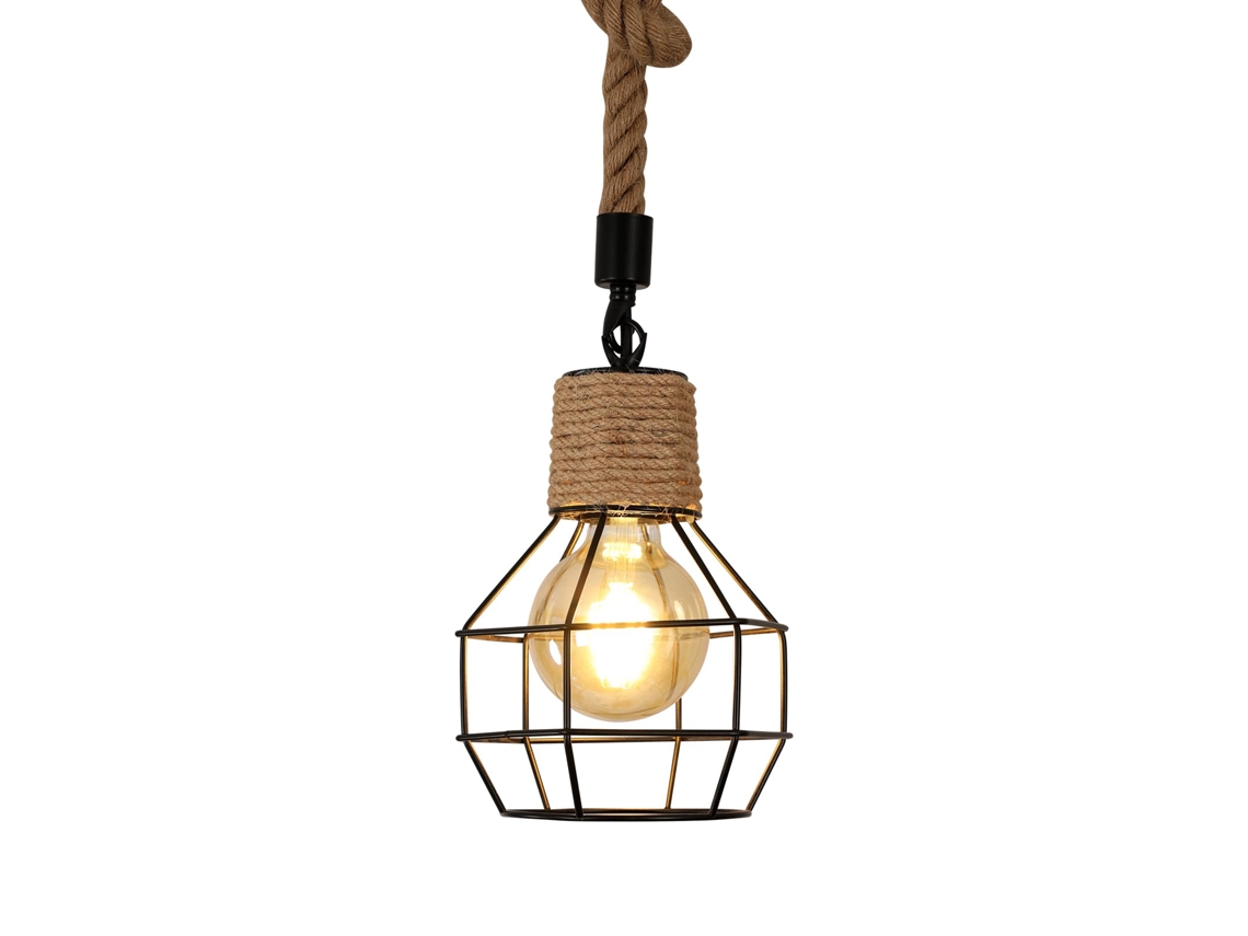 Lámpara colgante industrial de madera y cuerda, altura ajustable, bombilla vintage negra con casquillo E27 para cocina, sala de estar, hotel, bar y restaurante.