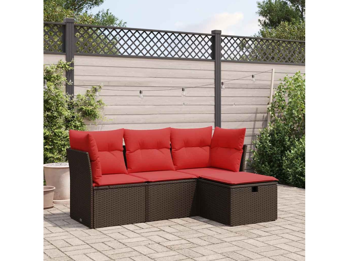 Vidaxl 4 Pcs Conjunto Sofás De Jardim C/ Almofadões Vime Pe Castanho