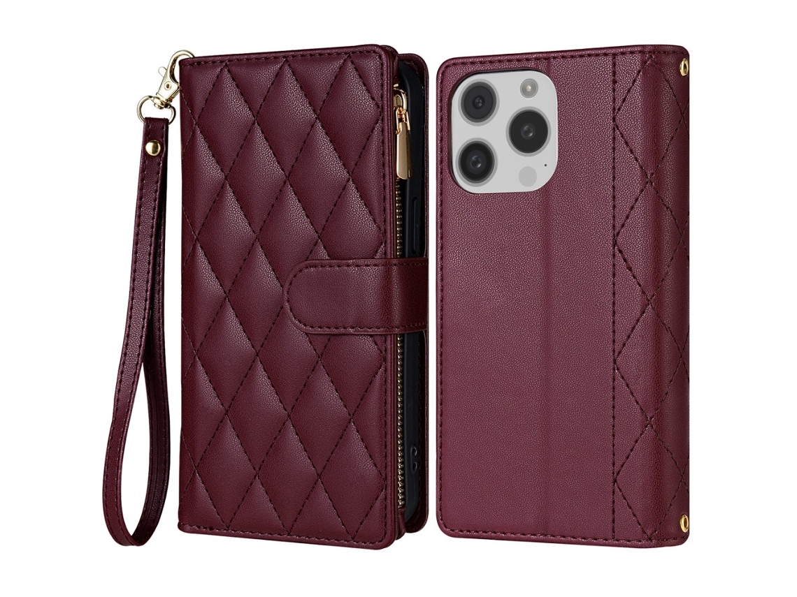 Capa Em Couro Pu Com Pega Para Apple Iphone 16 Pro Max - Vinho Tinto