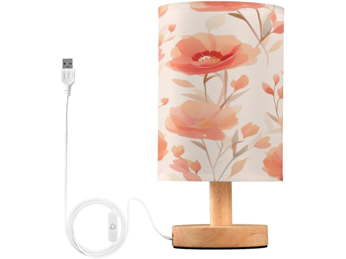 Abajur De Cabeceira Com Estampa Floral Em Aquarela, Portas De Carregamento Usb C, Luminária De Mesa Cabeceira, Luminária