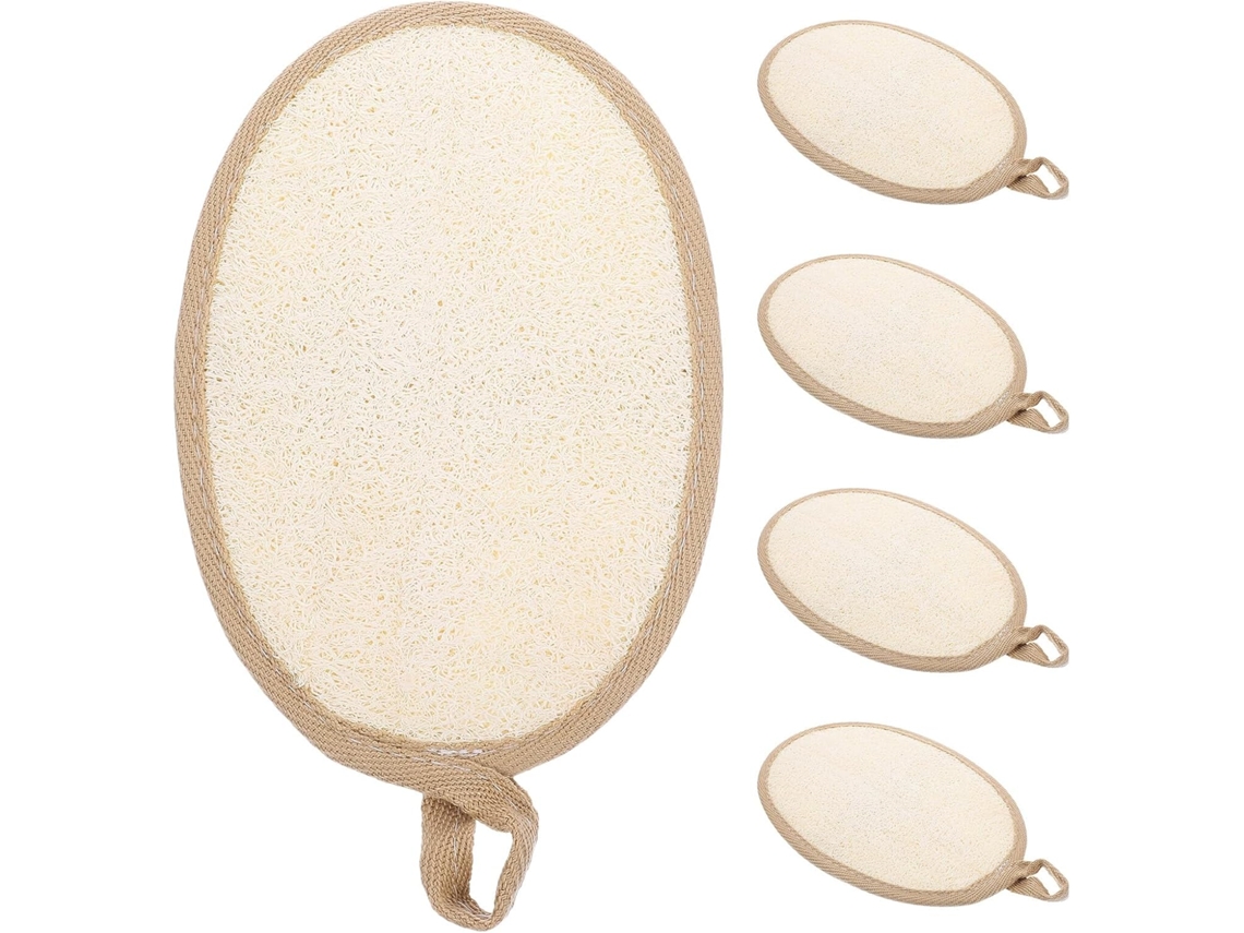 Conjunto De 5 Esponjas Esfoliantes Ovais Bucha Vegetal Natural, Brancas Com Borda Marrom, Para Banho, Rosto E Corpo