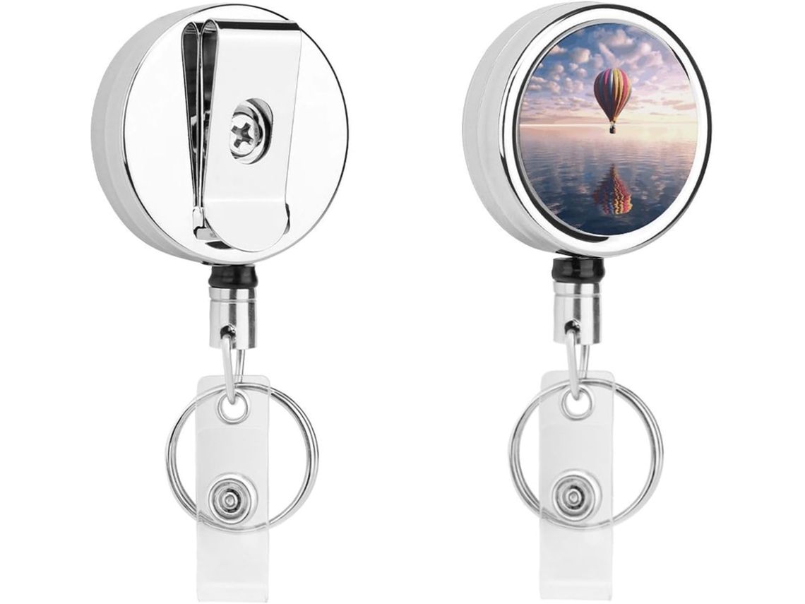 Porta Crachá Retrátil Com Estampa De Balão De Ar Quente Sobre O Mar, Com Clipe Cinto E Chaveiro Cordão De Metal