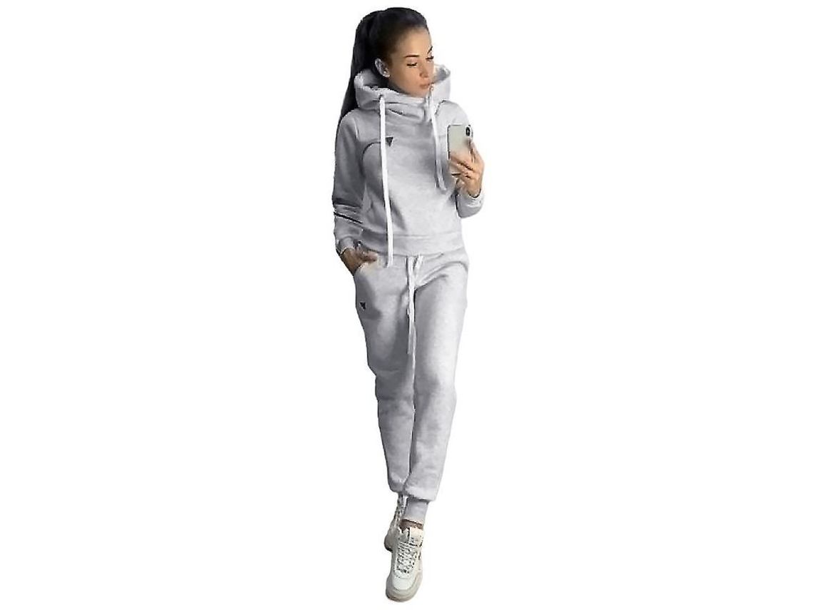 Conjunto De Moletom Feminino Com Cordão: Blusa Com Capuz + Calça De Treino Para Esporte, Casual E Lazer Cinza Claro