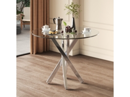 Mesa De Jantar Redonda, 75*80*80 Cm, Tampo Em Vidro Temperado, Mesa De Centro/casual, Estilo Minimalista Moderno.