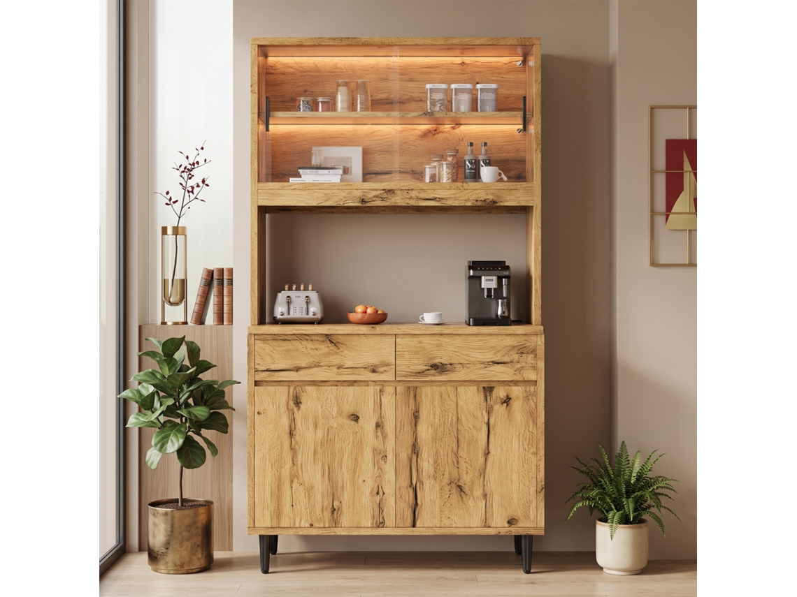 Armário Alto Sala De Jantar 100×40×185cm Com Vários Espaços De Arrumação, Tomada E Portas Usb E Faixa Luminosa Tom Carvalho