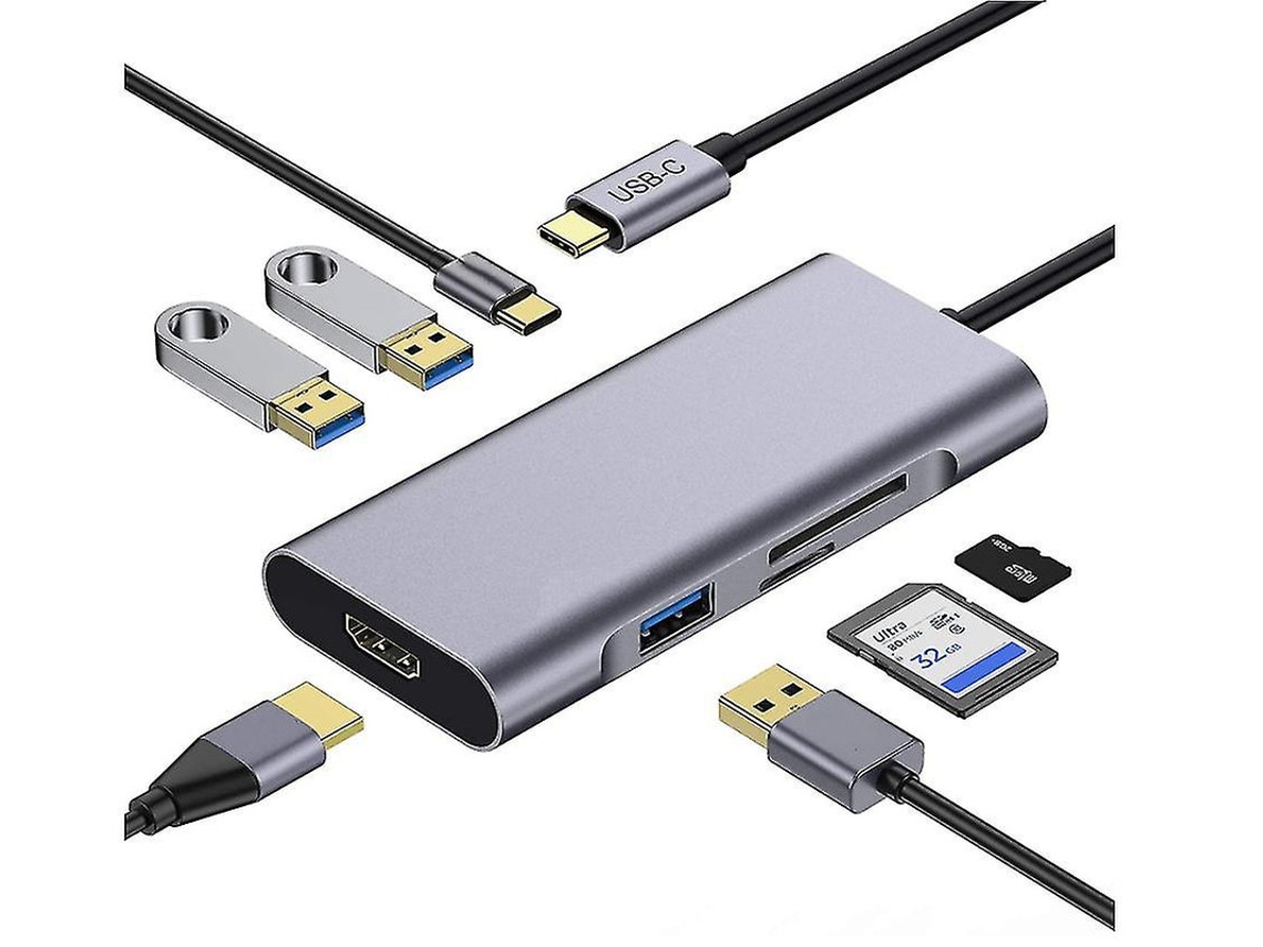 Usb C Hub 7 Em 1, Usb C Para Hdmi 4k, 100w Fonte, 3 Usb 3.0, Leitores Sd/tf, Compatível Macbook Pro 13/15 Cinza Yizhood (thunderbolt 3)