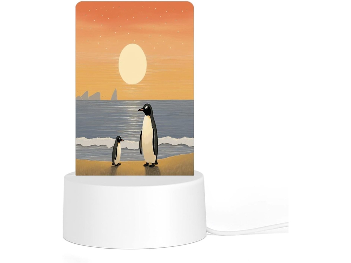Luminária Noturna De Led Em Acrílico Com Base Plástica Encaixável, Apresentando Dois Pinguins Impressos Com Imagens Dos