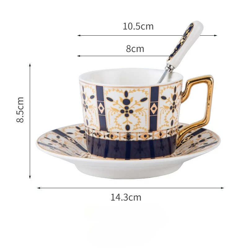 Caneca de Café de Cerâmica Banhada a Ouro Estilo Europeu com Pires, Caneca de Luxo para Escritório. MDUG (azul Marinho, 250 Ml)