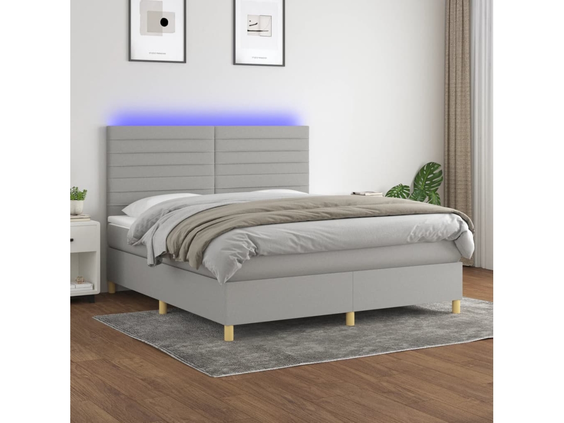 Vidaxl Cama Box Spring C/ Colchão E Led 160x200 Cm Tecido Cinza-claro