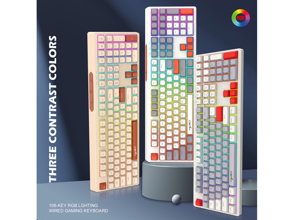 Teclado Gamer Com Fio Rgb Hxsj V300 K108, 108 Teclas, Membrana Com Sensação Mecânica