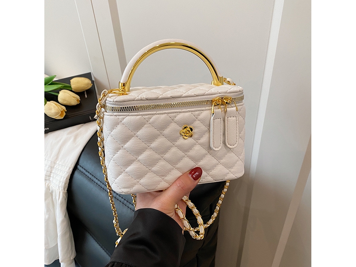 Bolsa feminina Lyx de veludo cotelê com alça quadrada de metal acolchoada, branca