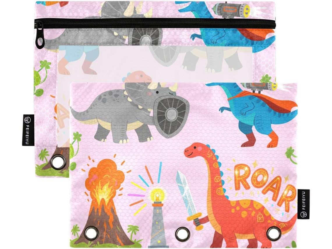 Caderno De Desenho Animado Com Dinossauro Guerreiro Rosa, Com Janela Transparente Em Várias Cores, 3 Compartimentos