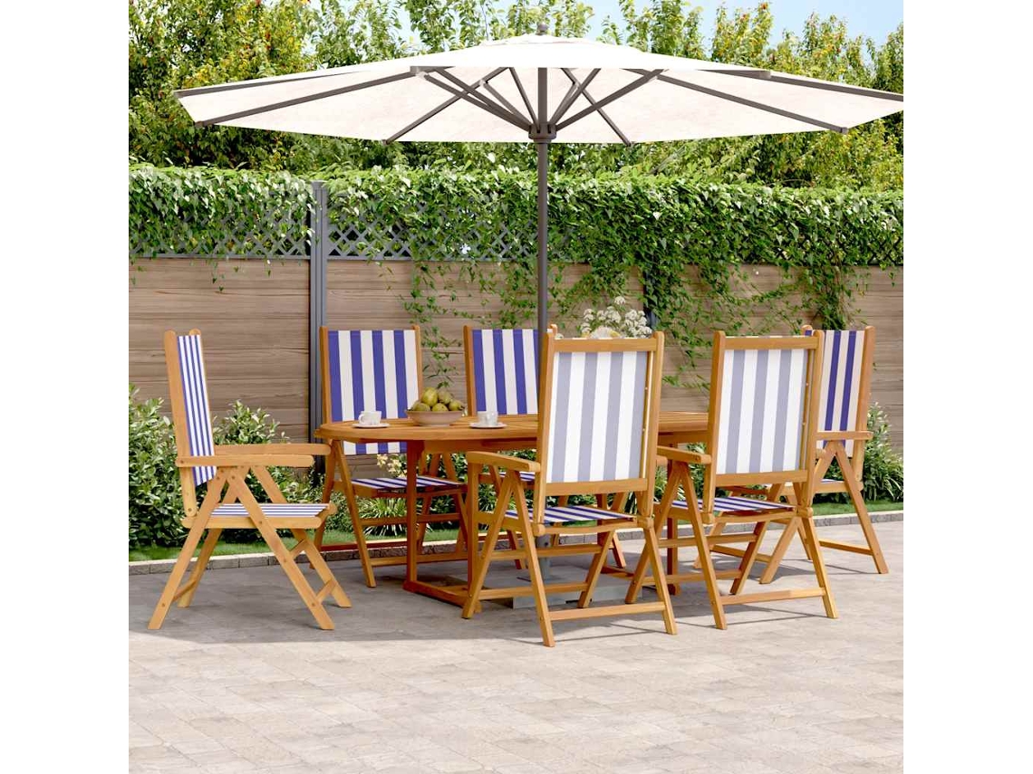Vidaxl 7pcs Conjunto Jantar Jardim Tecido/madeira Maciça Azul E Branco